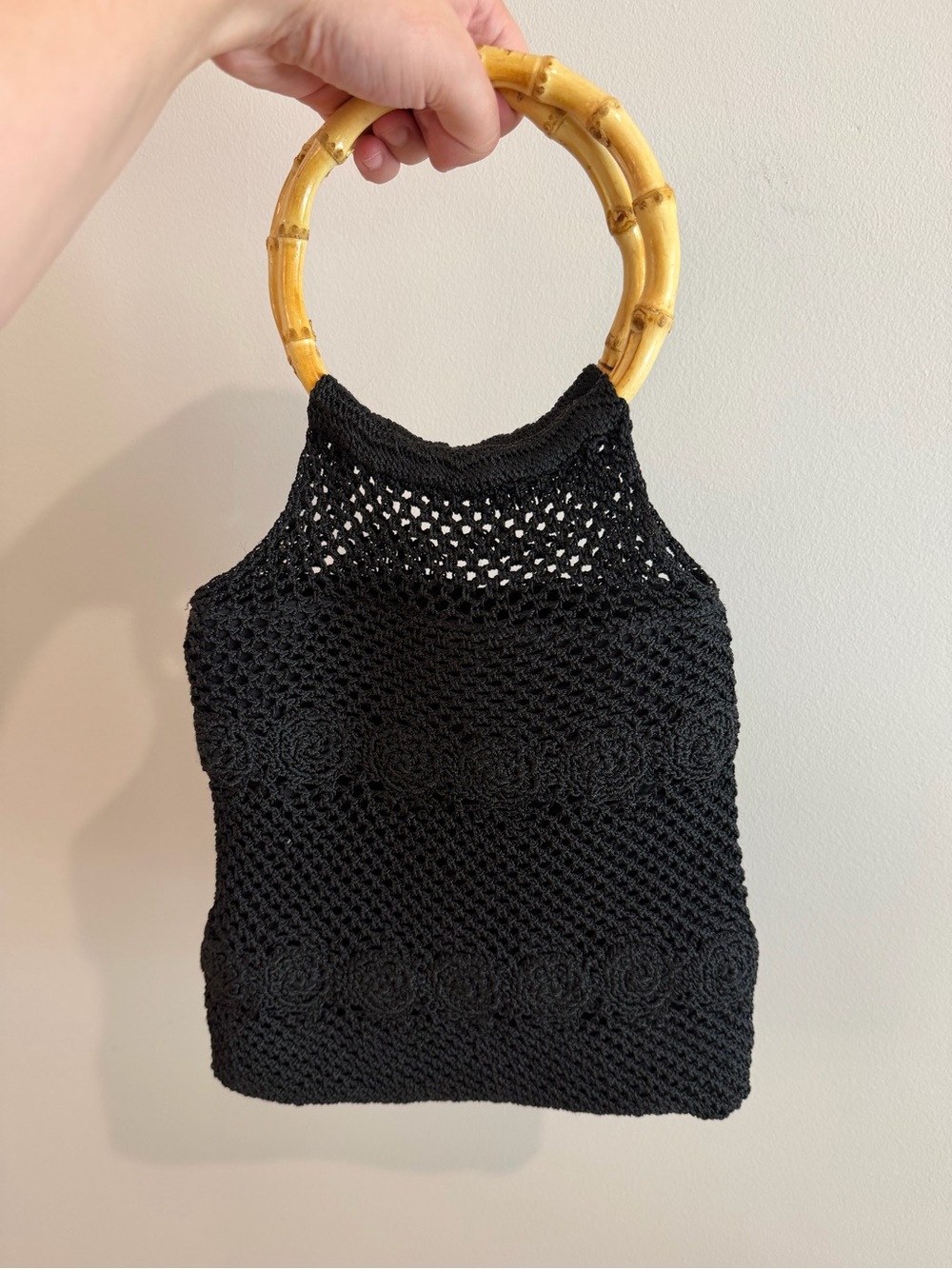 Black Crochet Bamboo-Handle Tote Bag